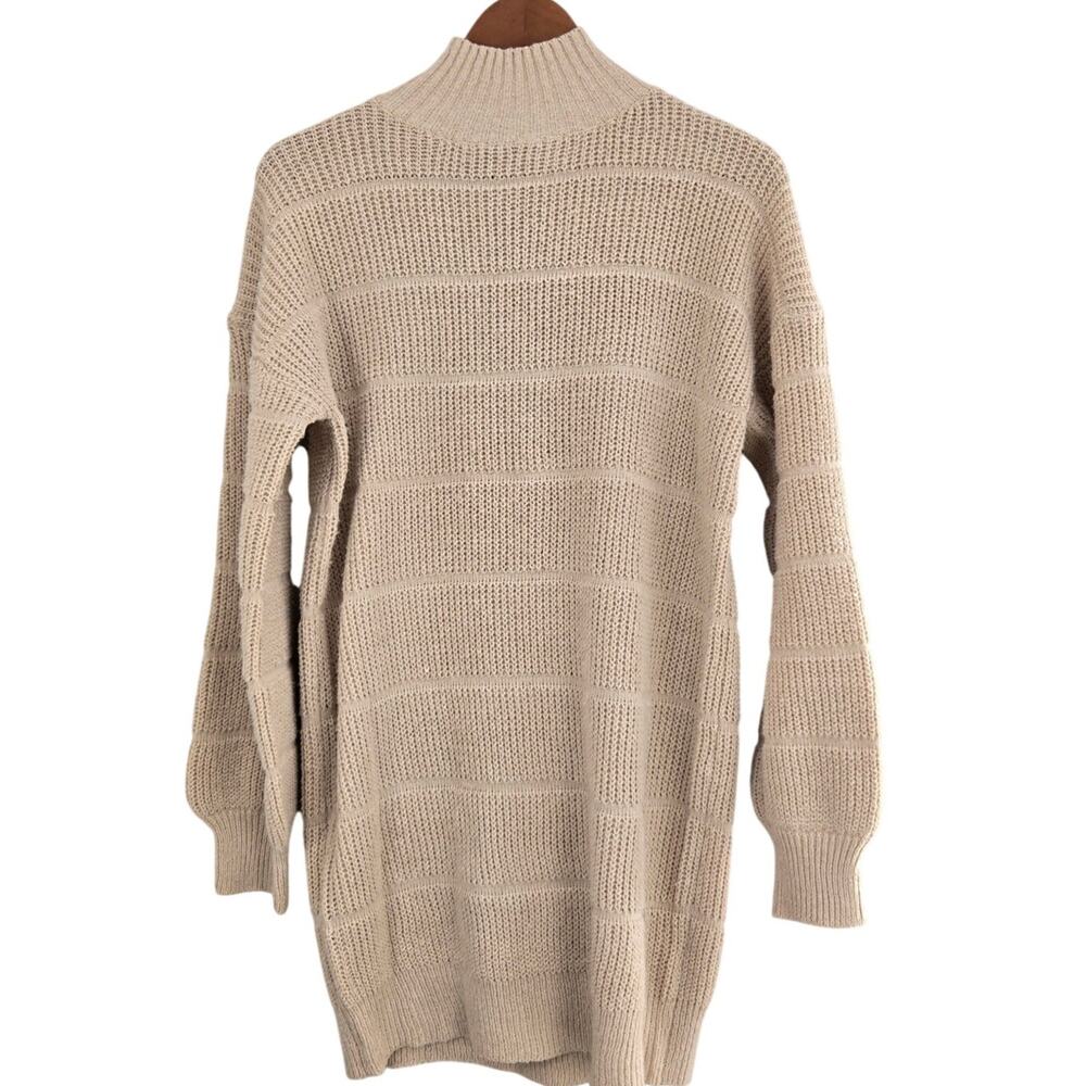 Ribbed Knit High Neck Sweater Dress Drop Shoulder Mini Cozy Minimalist Chic M - Picture 3 of 10